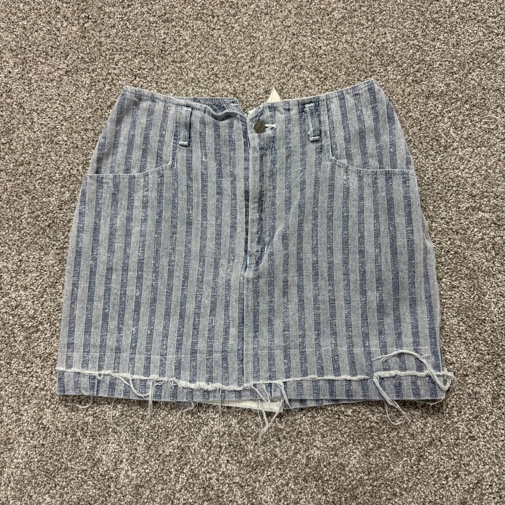 Vintage Pioneer Skirt Juniors 13 Blue Striped Denim Mini Raw Hem Fringe Summer